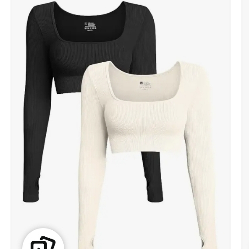 OQQ woman's  small 2 piece crop top long sleeved black and cream colored